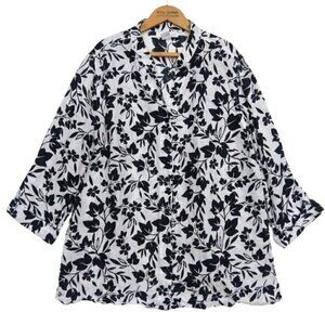 Lucy & Lauren 100% Linen Tunic Top Plus Size 1X Black White Floral Print V Neck